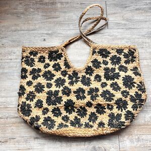 Vintage Woven Straw Tote Bag Black Floral Print Boho Beach Market Bag